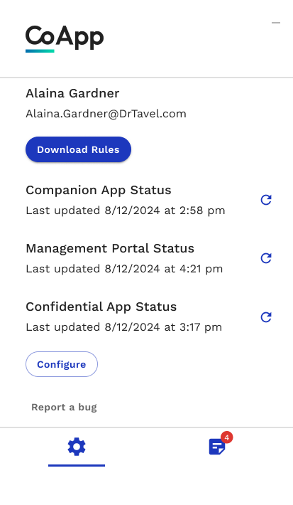 CoApp browser assistant with live status