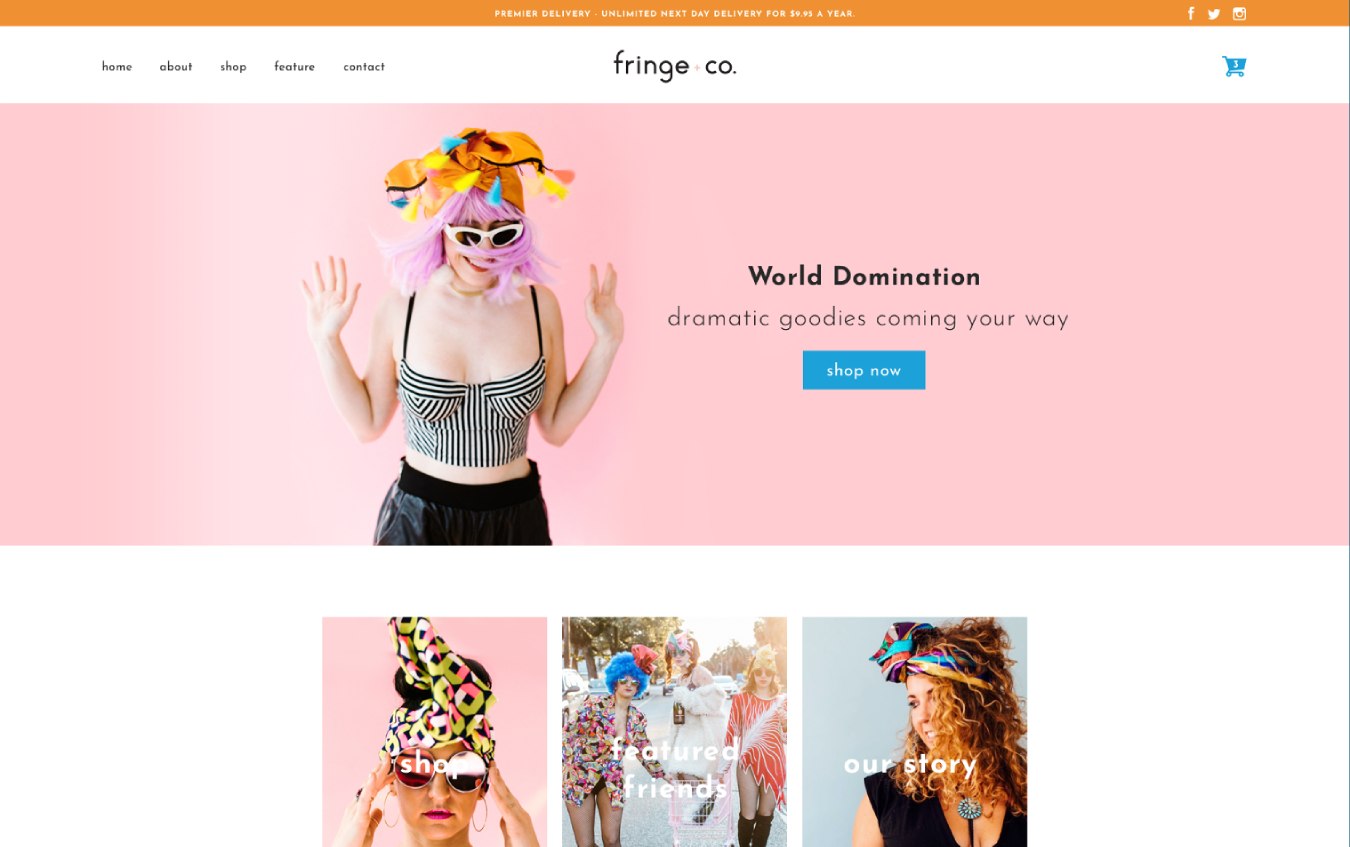 Custom Shopify storefront for Fringe + Co. featuring bold product imagery and dynamic category layout